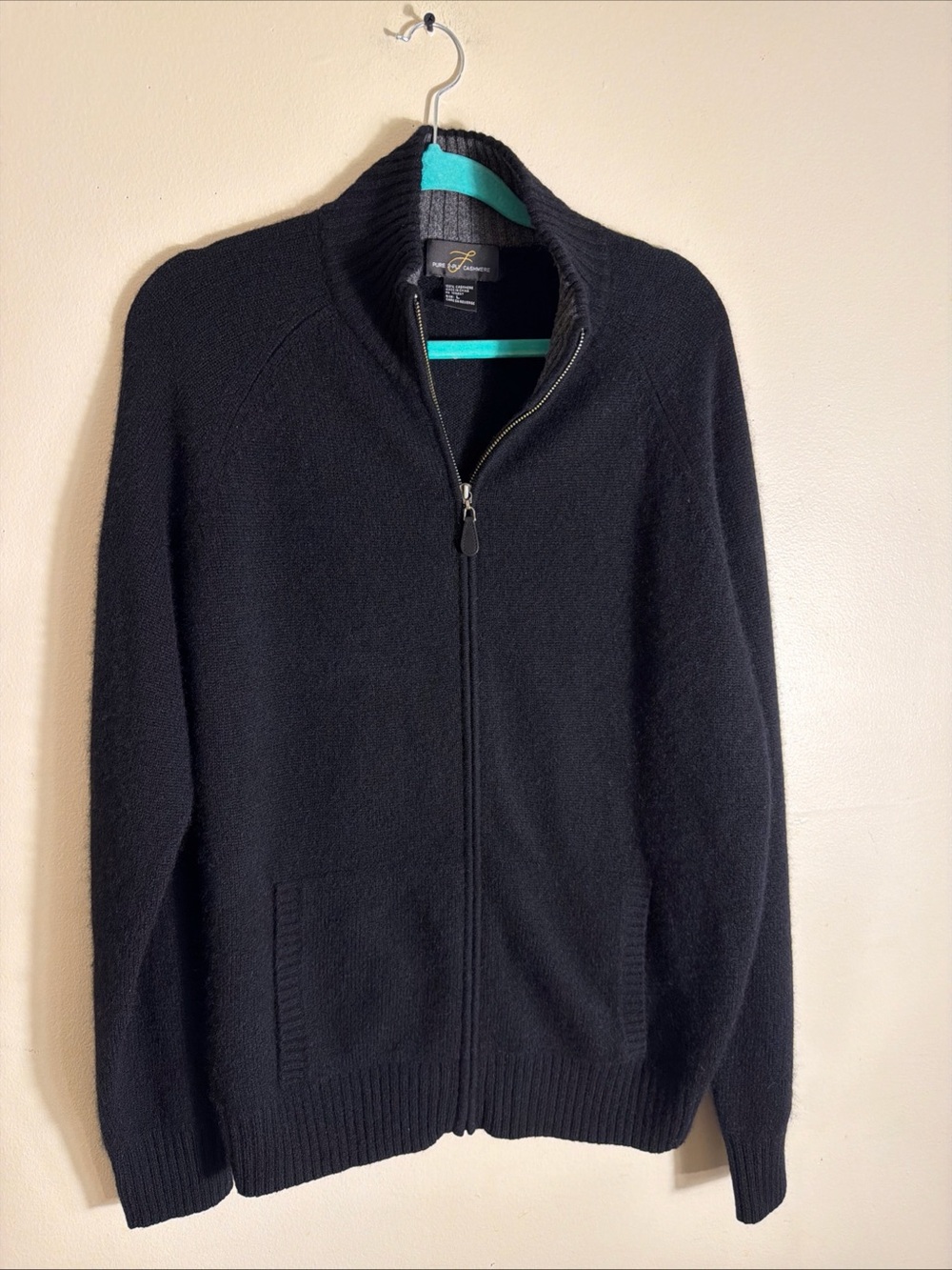 L 100% 2 Ply Cashmere Full Zip Cardigan Mock Neck Pockets Mens Sz Large Black